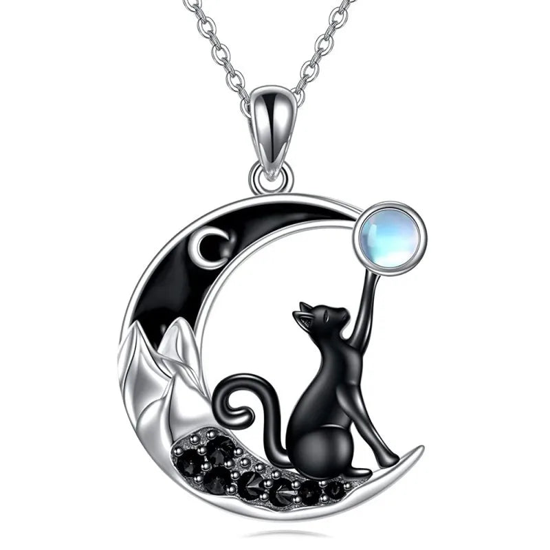 Black Cat Moon Crystal Pendant Necklace