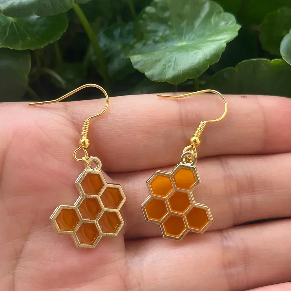 Goldene Bienen- und Honigwaben-Kristallohrringe