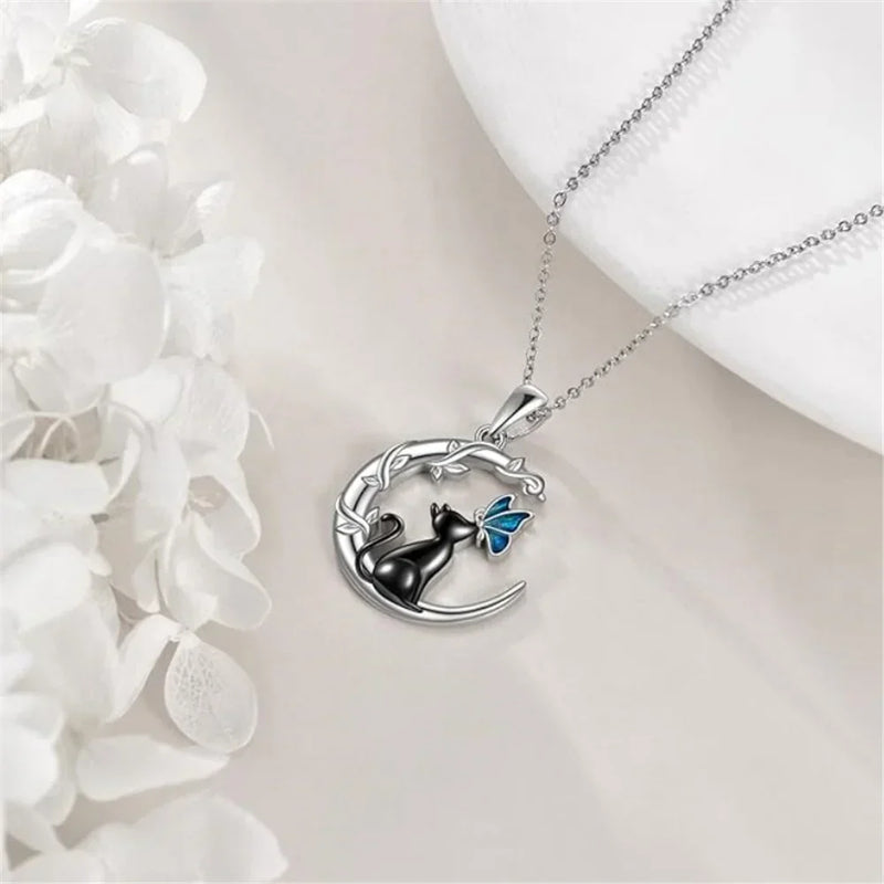Moon Cat Butterfly Crystal Pendant Necklace
