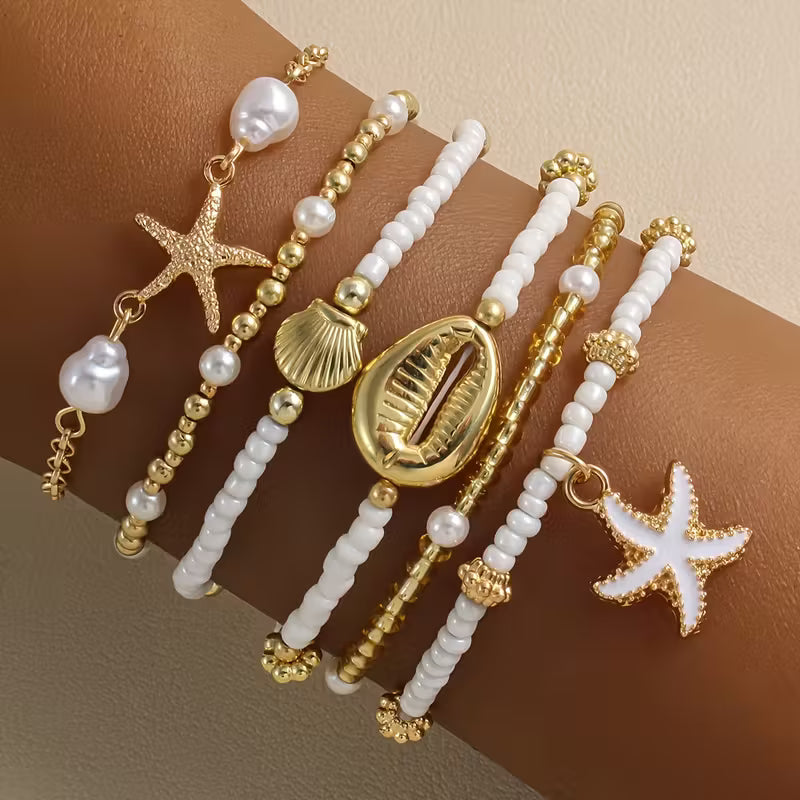 Küsten-Gold- und Perlen-Armband-Set aus 6