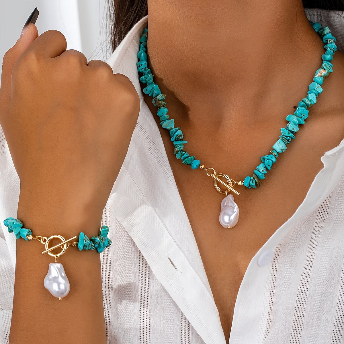 Türkis- und Perlen-Halsketten-Armband-Set
