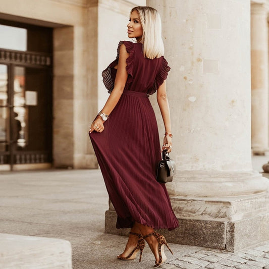 Elena™ Dark Red Boho Festive Dress with V-Neck
