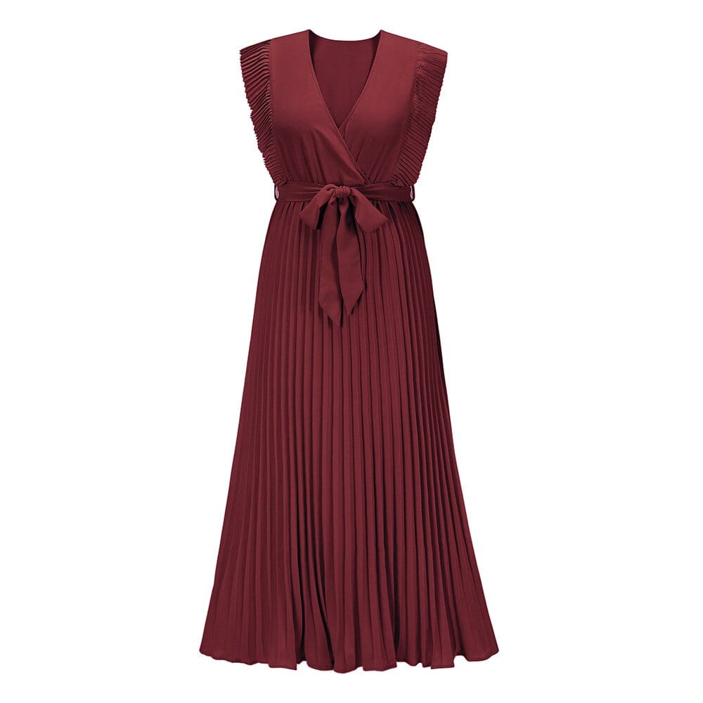 Elena™ Dark Red Boho Festive Dress with V-Neck
