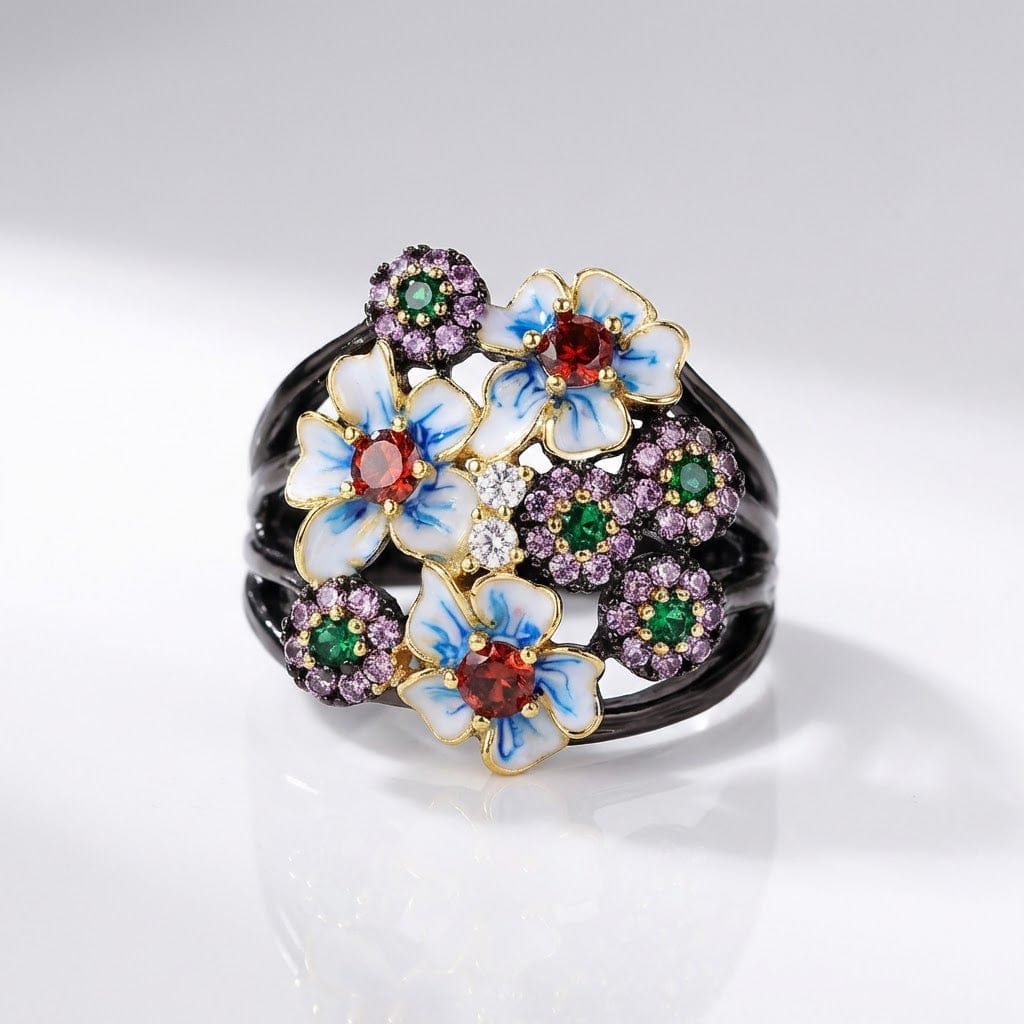 Farbenfroher Emaille Blumengartenring
