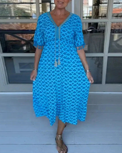 Aisha™ | Comfortable Loose Fit V-Neck Midi Dress