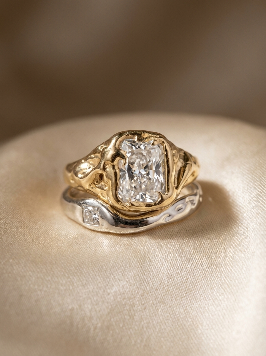 Einzigartiges Goldenes Geschmiedetes Ring-Set