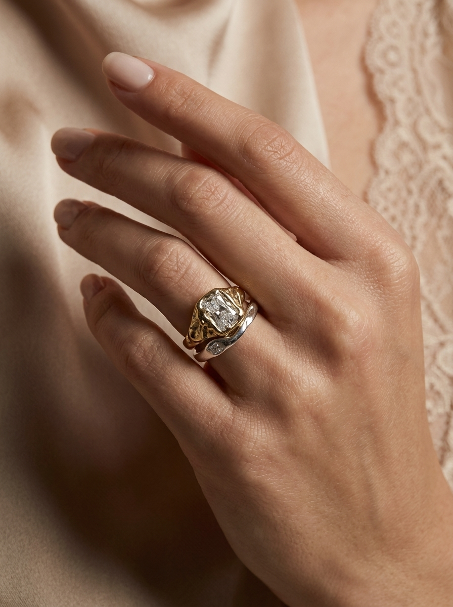 Einzigartiges Goldenes Geschmiedetes Ring-Set