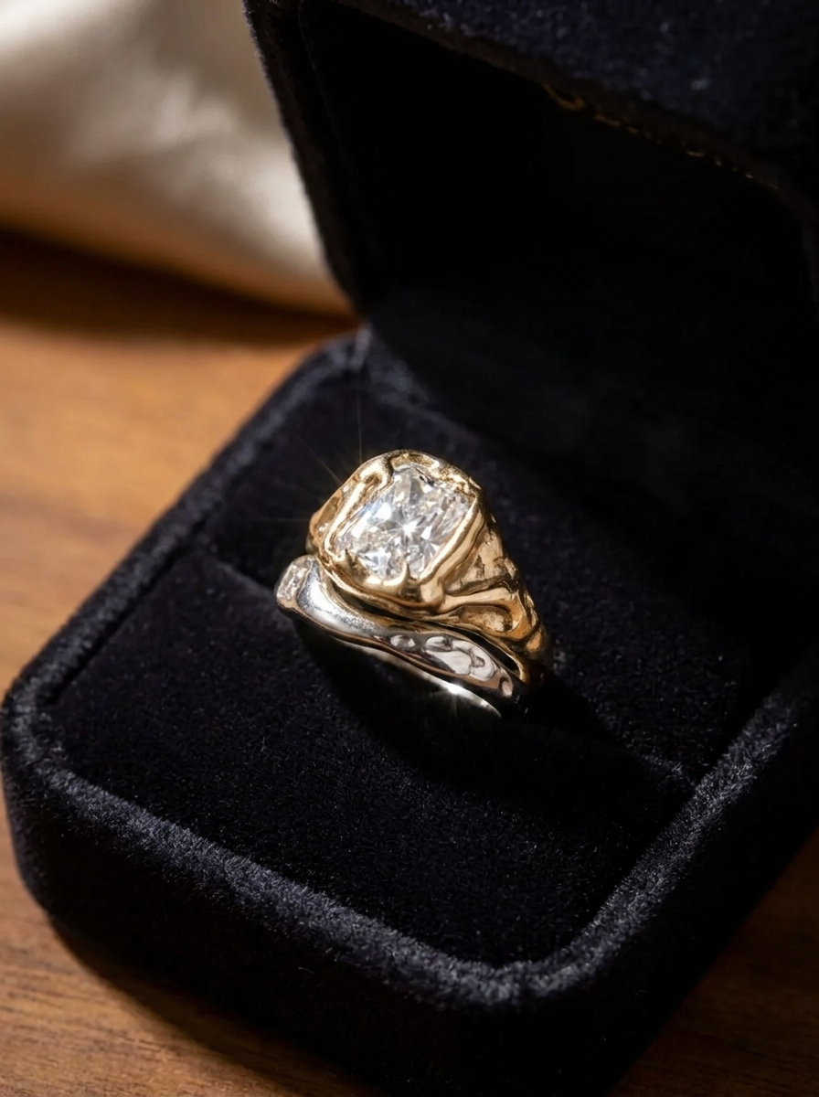 Einzigartiges Goldenes Geschmiedetes Ring-Set