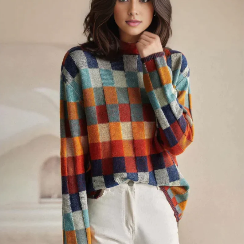 Katherine – Chic Wool Knit Plaid Turtleneck Sweater