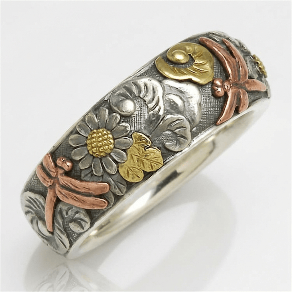 Handgemachter Libellen & Sonnenblumen Vintage Silber Ring