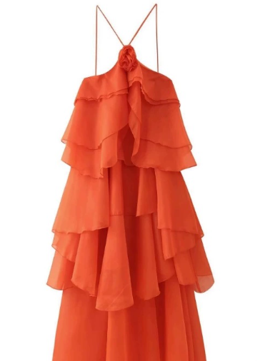 Nephele - Long Halter Ruffle Cocktail Dress