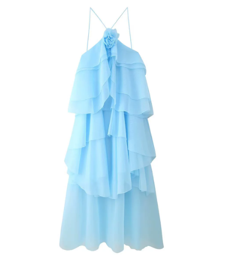 Nephele - Long Halter Ruffle Cocktail Dress