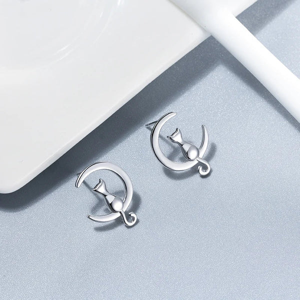 Moon & Cat Sterling Silver Stud Cat Earrings