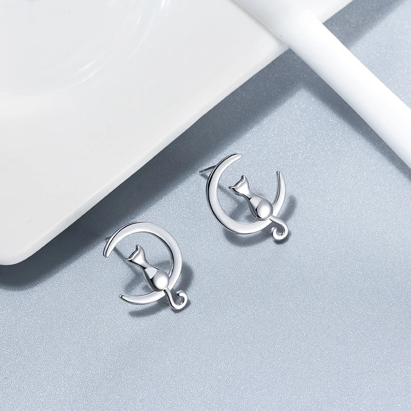 Moon & Cat Sterling Silver Stud Cat Earrings