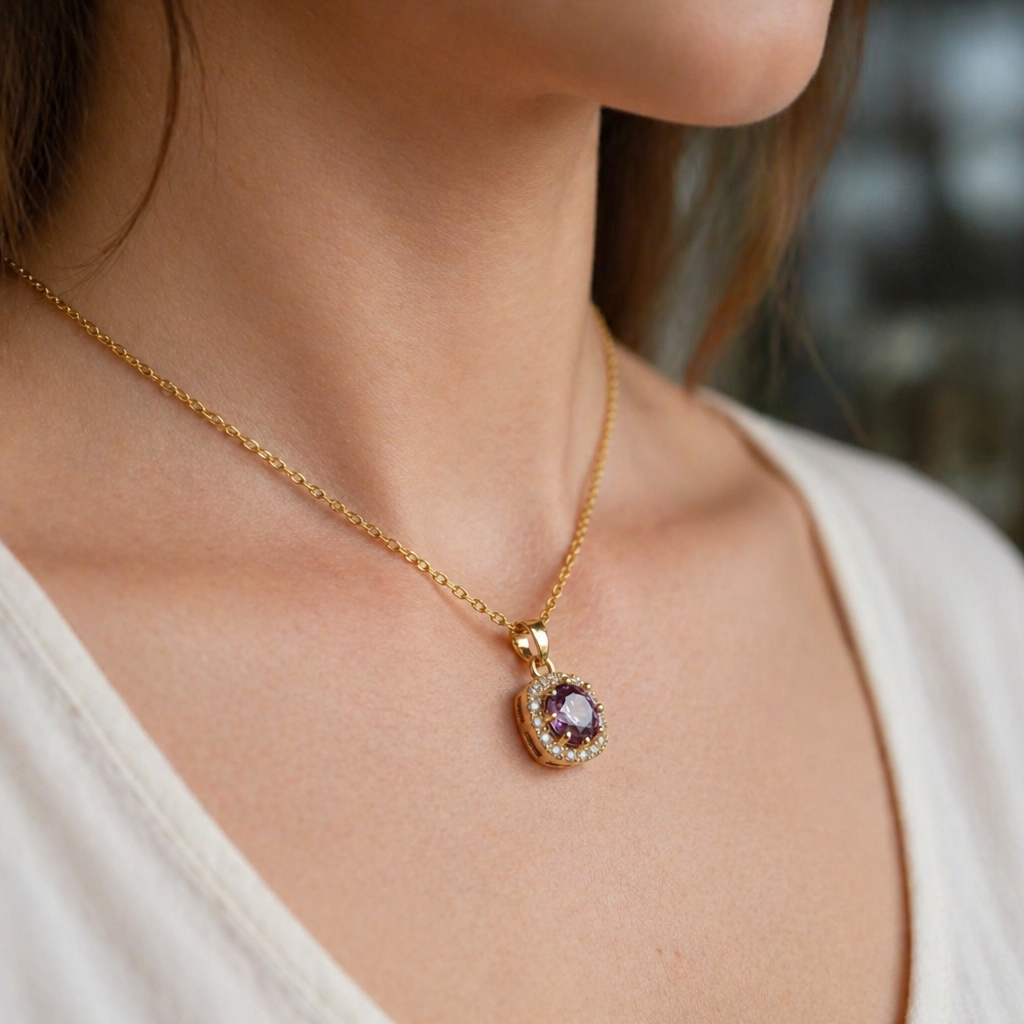 Elegante Amethyst-Gold-Pavé-Halskette