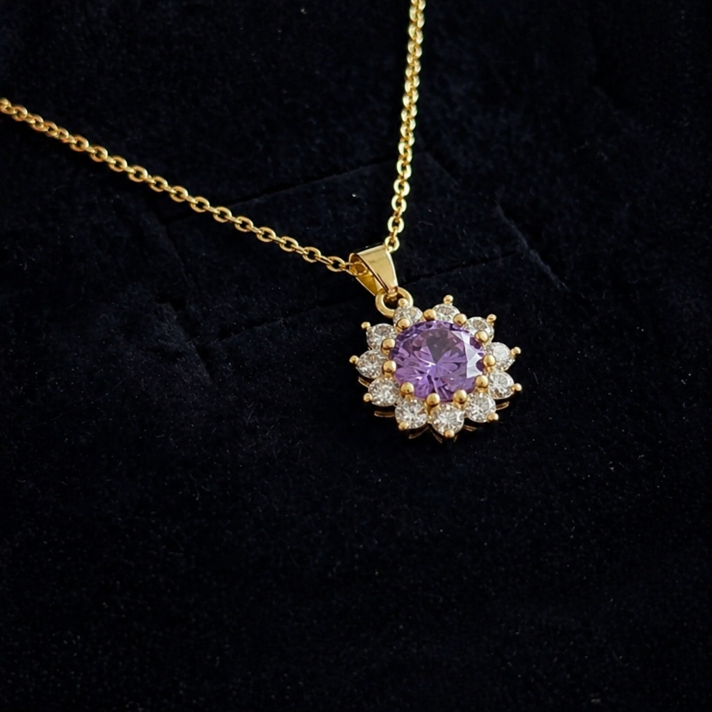 Elegante Amethyst Sonnenblume Gold Halskette
