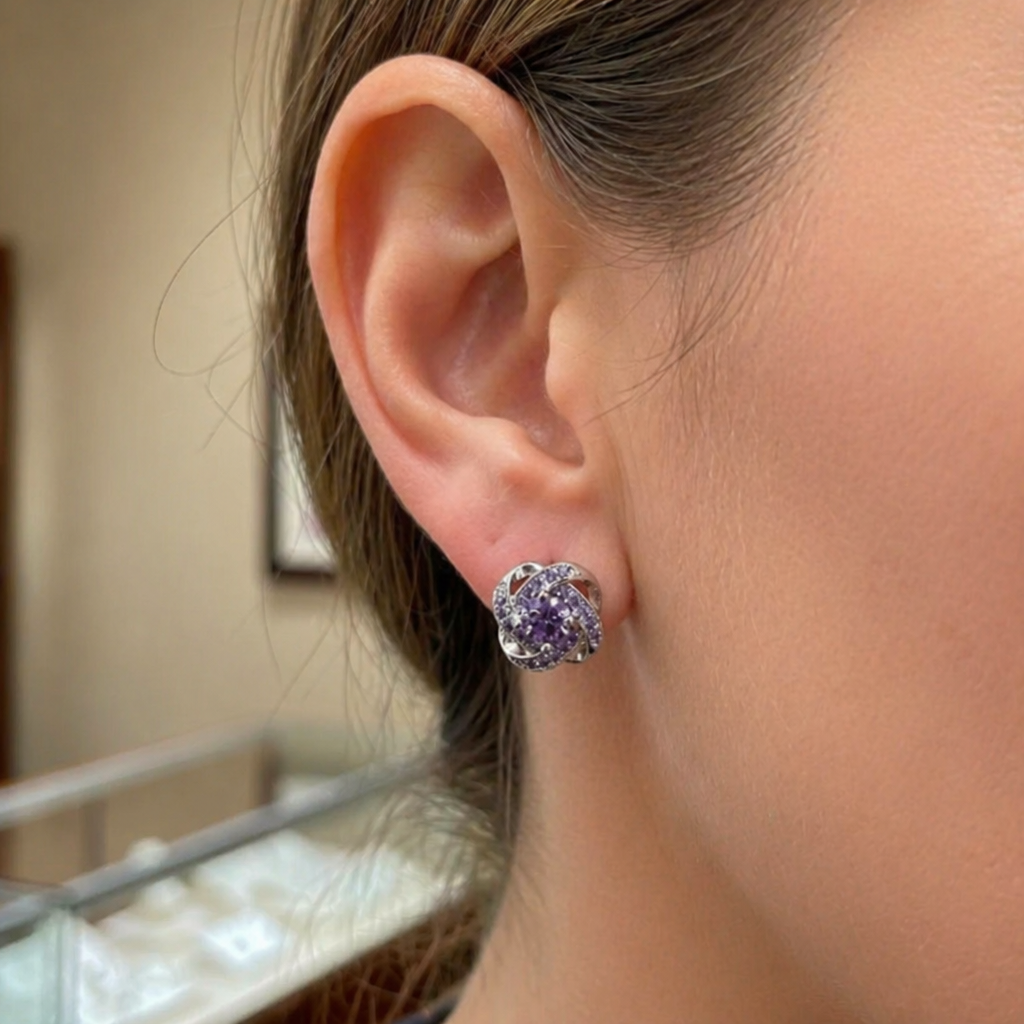 Elegante lila Kristallknoten Ohrringe