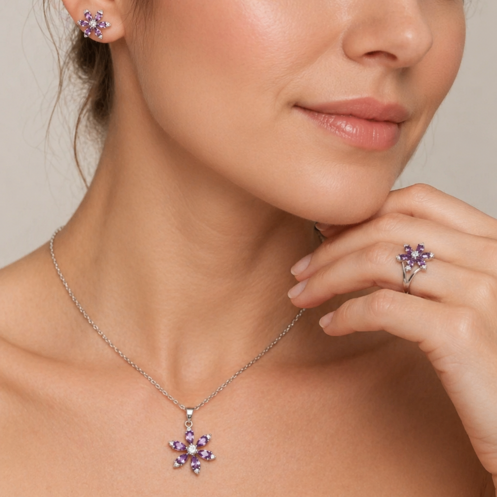 Elegantes Amethyst-Blumen-Set aus Weißgold
