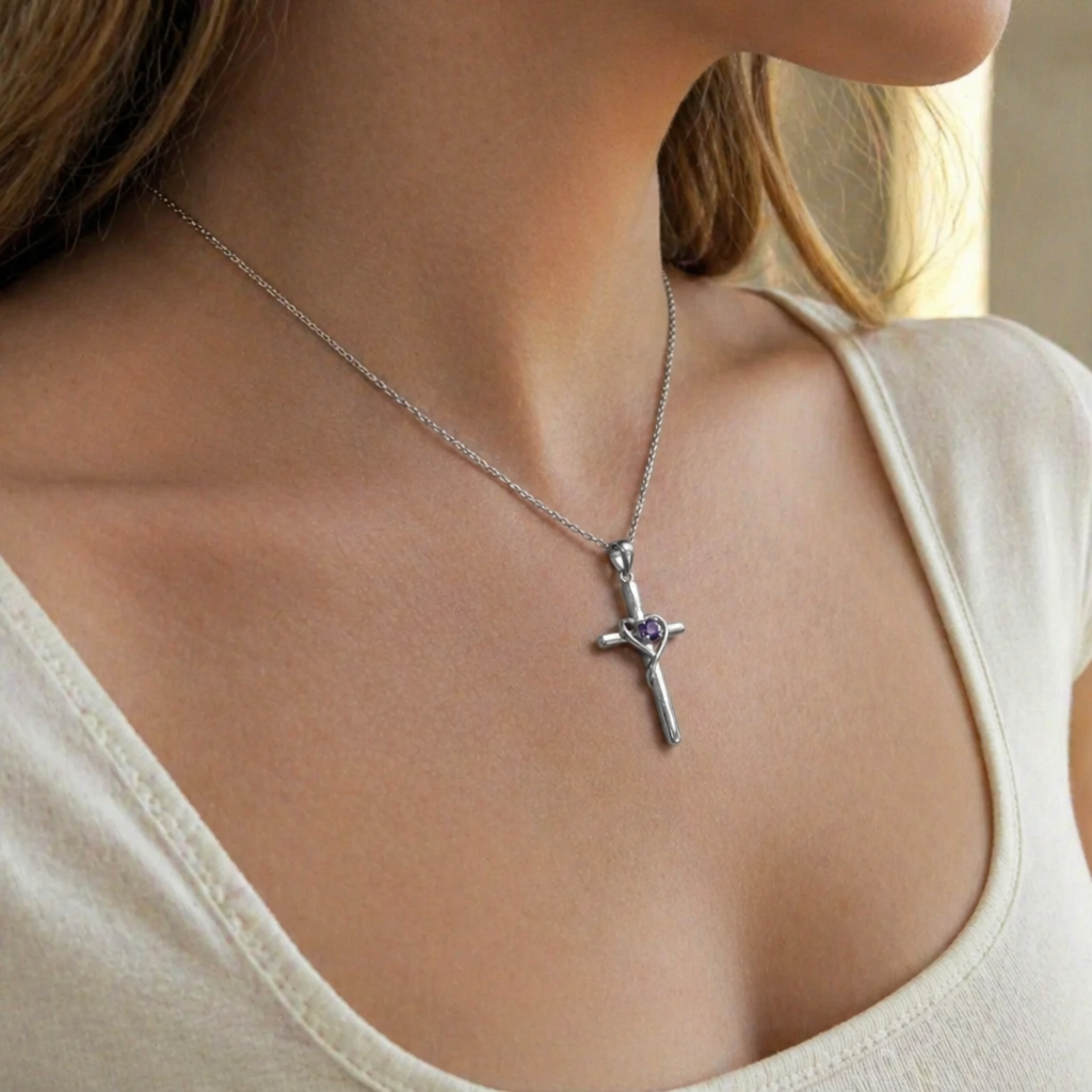 Elegante Amethyst Kreuz Halskette aus Weißgold