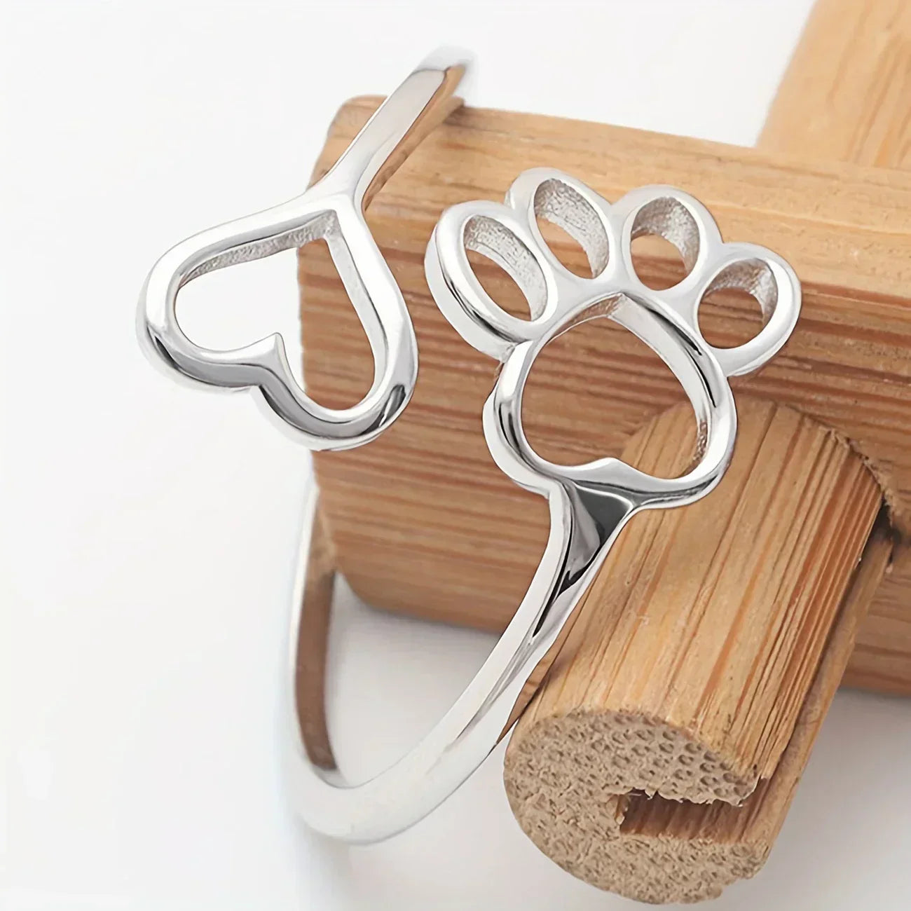 Handgefertigter Pfoten- & Herzring – Verstellbar aus 925 Sterling Silber