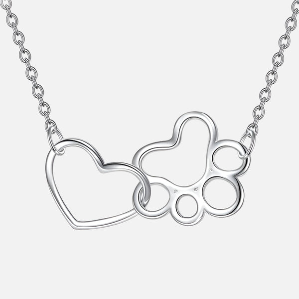 Sterling Silver Paw Print Necklace – Heart Crystal Pendant