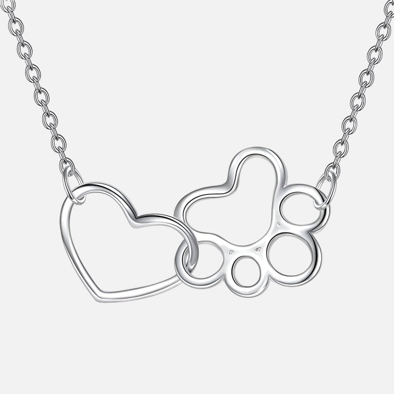Sterling Silver Paw Print Necklace – Heart Crystal Pendant