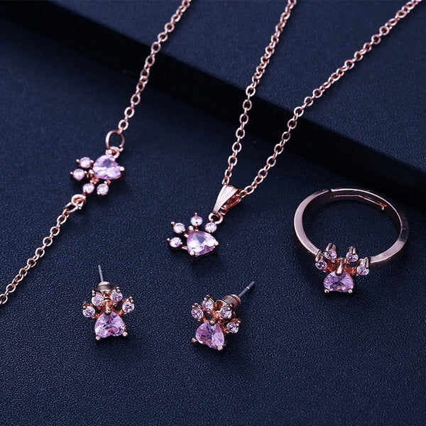 Rose Gold Paw Jewelry Set – 4 Pieces with Zirconia Heart (Ring, Necklace, Earrings, Bracelet)
