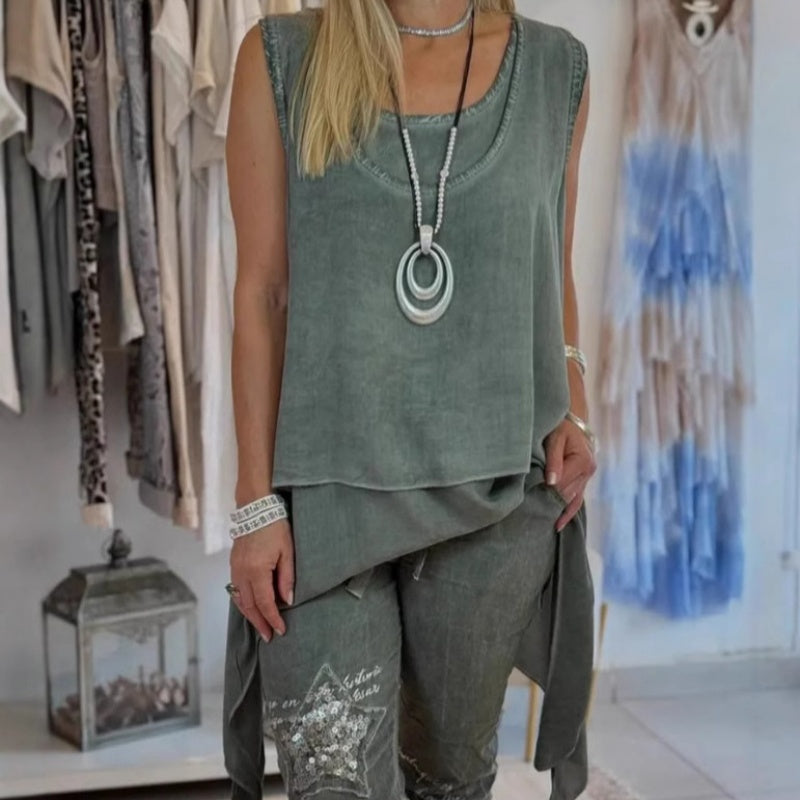 Olive™ - Women's Two-Piece Set: Sleeveless Top and Printed Trousers