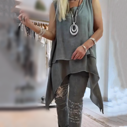 Olive™ - Women's Two-Piece Set: Sleeveless Top and Printed Trousers