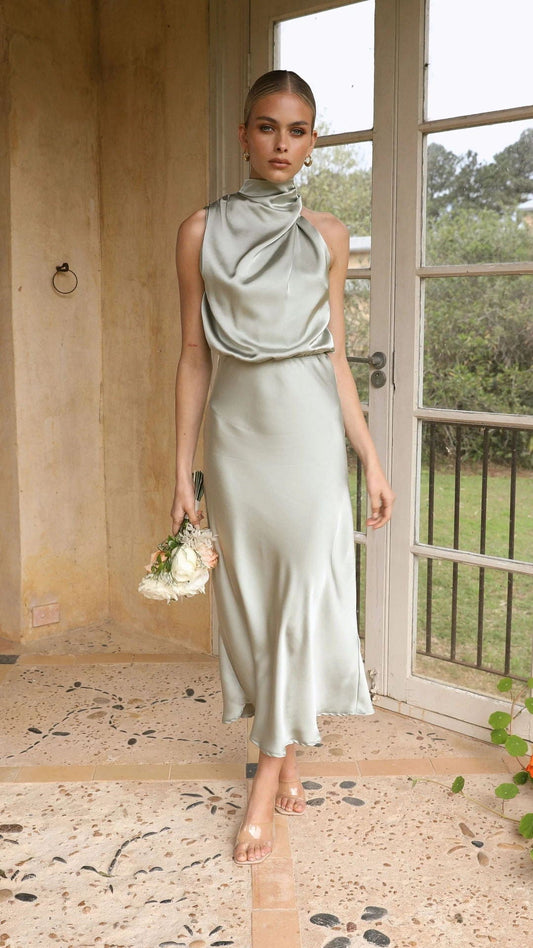 Amber™ - Elegant Satin Dress with High Neck Light Gold