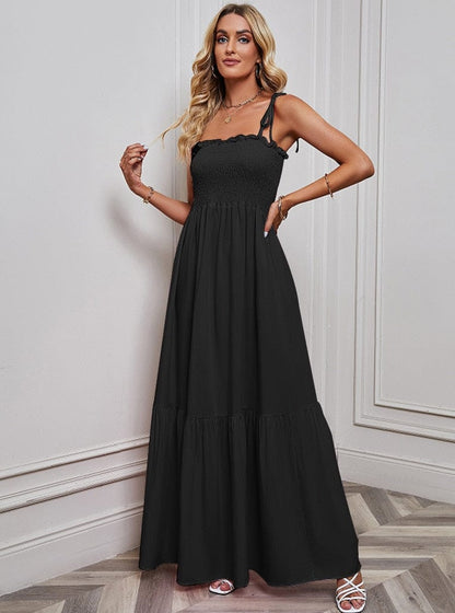 Saar™ Black Simple Maxi Dress with Spaghetti Straps