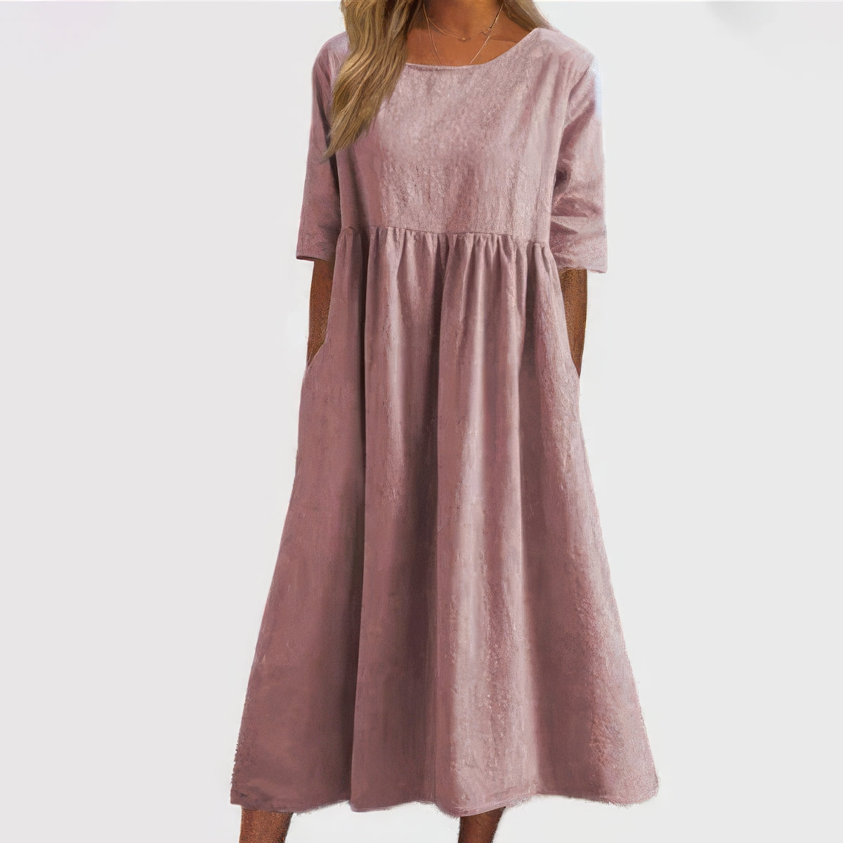 Maikee™ - Cotton Dress with Round Neckline and Pockets