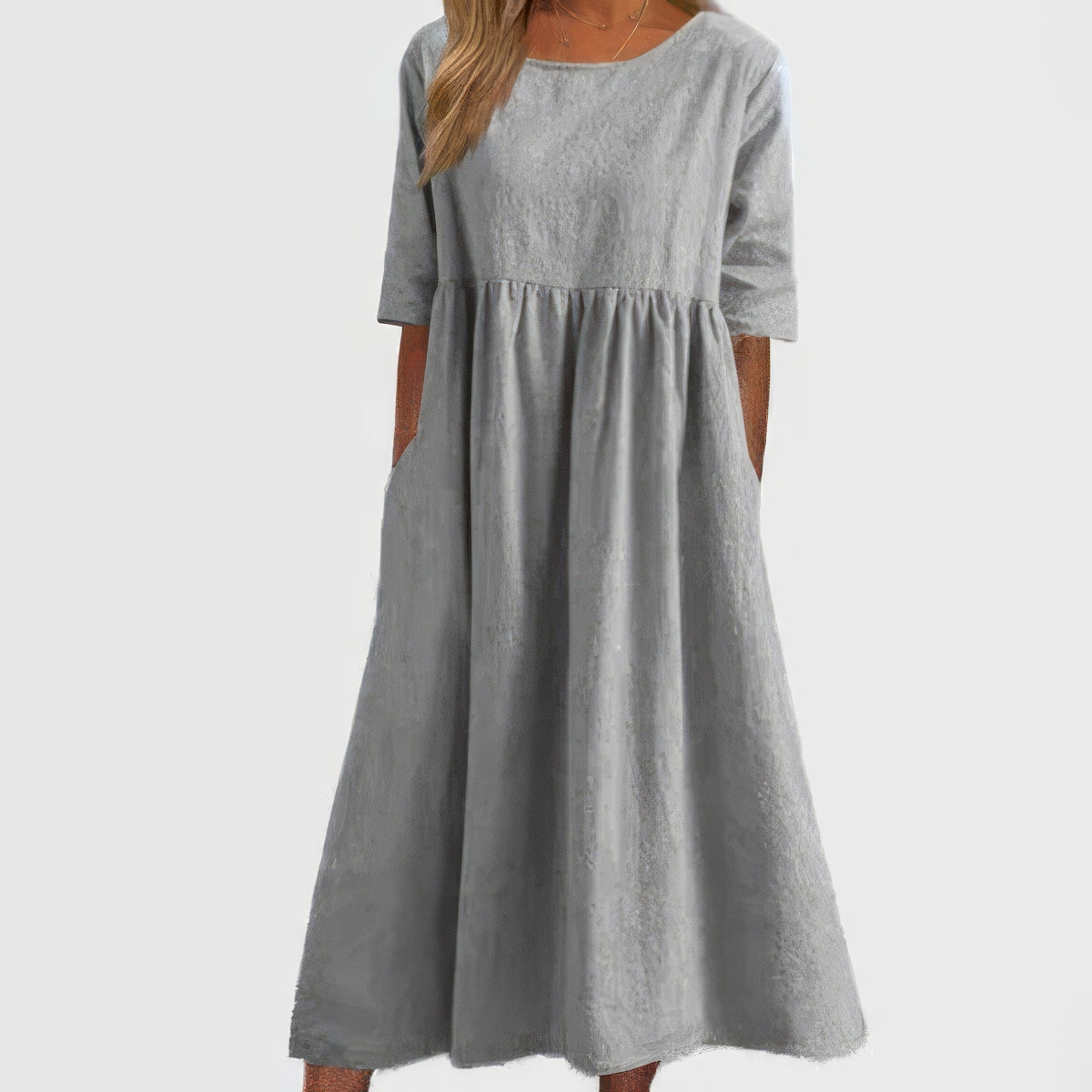 Maikee™ - Cotton Dress with Round Neckline and Pockets